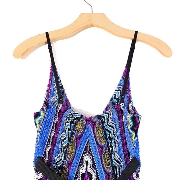 CACHE Plisse Point Stripe Geometric Print Cami Maxi Dress Boho Cobalt Blue Small - Picture 9 of 11